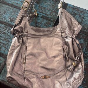 ELLIOT LUCCA Silver Metallic Hobo Bag with Braided Tassel